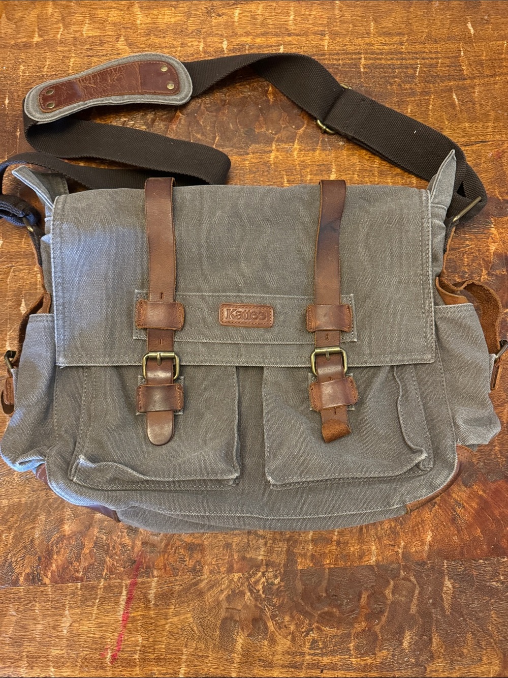 KATTEE Gray Canvas Messenger Bag with Brown Leather Trim -